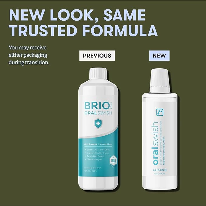 BRIOTECH Oral Swish, Hypochlorous Acid Mouthwash Rinse, Gentle Oral Care Hygiene, Fight Bad Breath, Support Against Plaque, Gum Irritation & Tender Gums, Alcohol & Fluoride Free, 32 fl oz