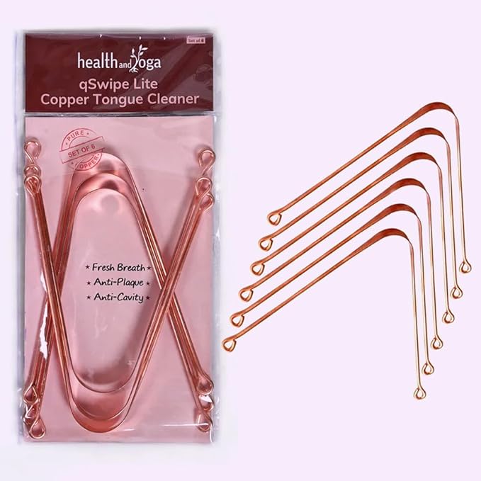 HealthAndYoga™ qSwipe Lite Copper Tongue Cleaners (Pack of 6) – Prevents Bad breath, Improves taste- Flexible, Curved ends provide good grip – Complete Oral Care/Hygiene for Travel/Office/Home