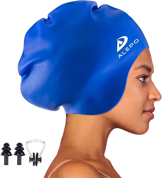 Alepo Extra Large Swim Cap for Women Men, Durable Silicone Swimming Hat with Ear Protection, Unisex Adults Bath Swimming Caps for Long Thick Curly Hair & Dreadlocks Braids Weaves Afro Hair-StrideForce Fitness