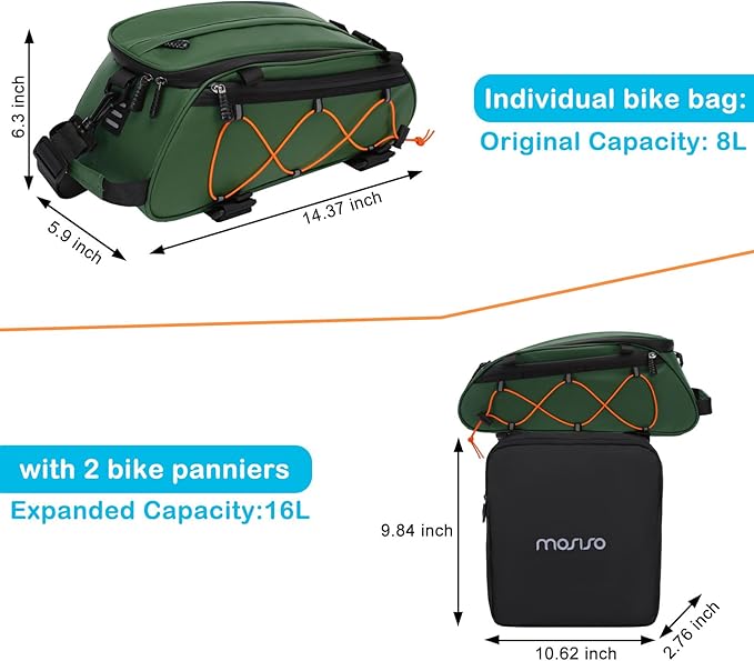 MOSISO Bike Rack Bag with 2 Removable Panniers, Waterproof Bike Trunk Cooler Storage Handbag Insulated Bicycle Rear Seat Pouch, Bicycle Storage Saddle Shoulder Bag Cycling Luggage Pouch, Peacock Green-StrideForce Fitness