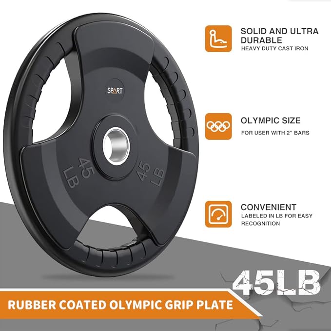 SPART Weight Plate 2-Inch Rubber Coated Olympic Grip Plate for Barbell,Solid Cast Iron Weight Plates in Pairs or Single for Strength Training,Weightlifting,Crossfit,Home Gym(5LB/10LB/25LB/35LB/45LB)-StrideForce Fitness