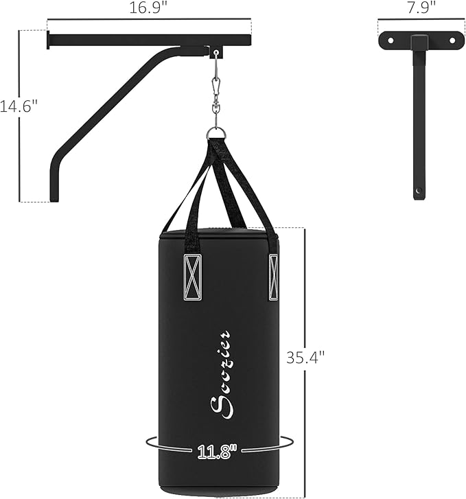 Soozier Unfilled Punching Bag for Adults, Heavy Bag Wall Mount Set with Bracket, Boxing Gloves, Hand Wraps and 360° Swivel Hook for Muay Thai and MMA Training-StrideForce Fitness