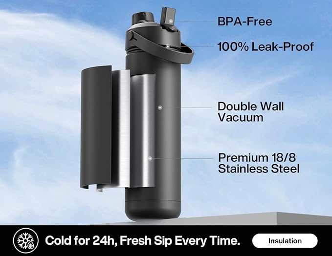 26 oz Insulated Water Bottle with 2-in-1 Straw and Spout Lid, Keep Cold 24H, Leak-Proof, Fits in Car Cup Holder, Stainless Steel Water Bottle for Sports, Travel, and School (Dark Knight)-StrideForce Fitness