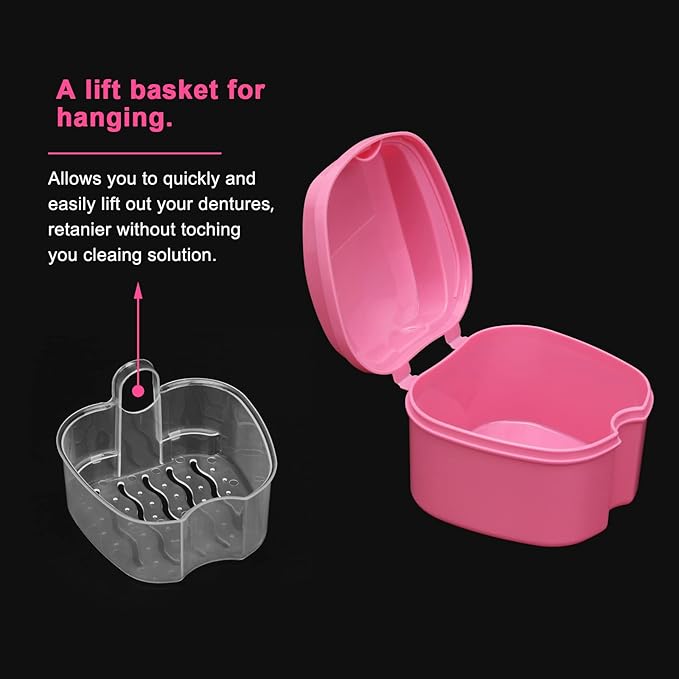 Denture Case, Denture Cup with Strainer, Coolrunner Denture Bath Box False Teeth Storage Box with Basket Net Container Holder for Travel, Retainer Cleaning(Pink）
