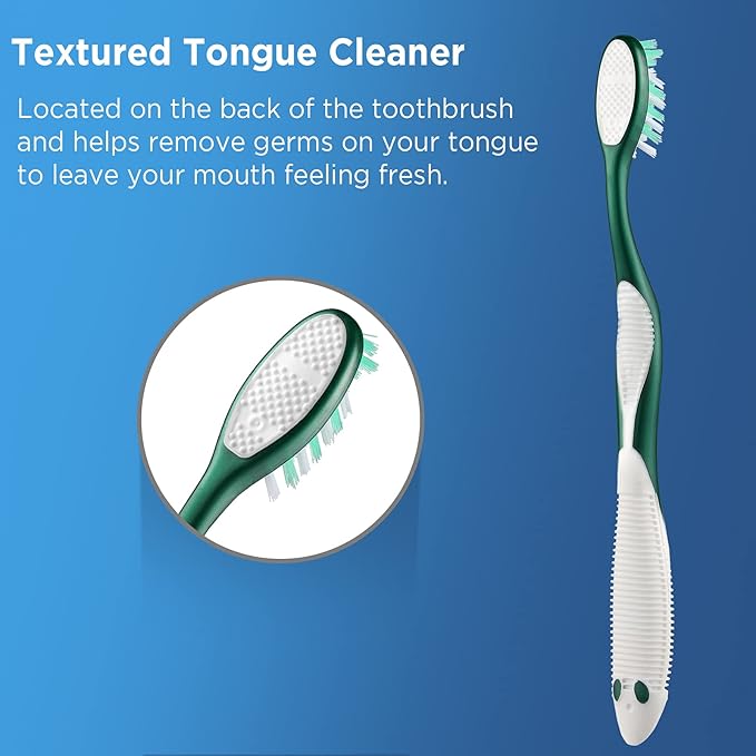 Extra Firm Toothbrushes with Covers for Adults, Cross Extra Hard Bristles, with Built in Tongue Scraper, 6 Count