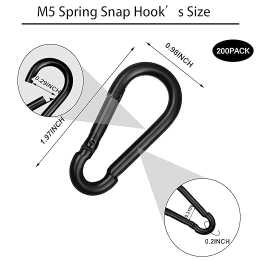200 PCS 2'' Spring Snap Hook Carabiner, M5 3/16 Inch Galvanized Black Steel Carabiner Clip, 220LBS Holding Capacity Quick Link Clip Keychain for Hammock Dog Leash & Camping Gym-StrideForce Fitness