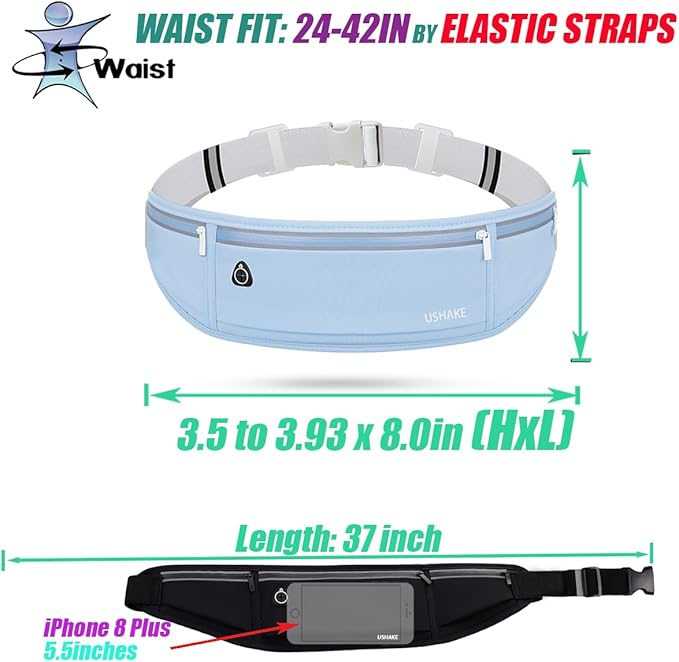 USHAKE Slim Running Belt, Workout Fanny Pack for Men Women,Exercise Waist Pack for Apple iPhone Holder, Runner Belt for Running Walking Cycling Camping Gym Light Blue-StrideForce Fitness
