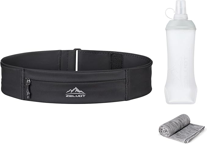 Running Belt with 400ml Soft, Adjustable Running Fanny Pack with Phone Holder and Gym Towel, Waterproof Belt Bag for Women Men for Jogging Hiking Marathon (Black, L/XL)-StrideForce Fitness