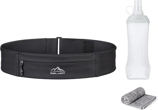 Running Belt with 400ml Soft, Adjustable Running Fanny Pack with Phone Holder and Gym Towel, Waterproof Belt Bag for Women Men for Jogging Hiking Marathon (Black, L/XL)-StrideForce Fitness
