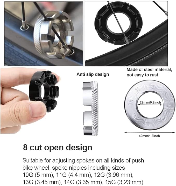 Bicycle Spoke Tension Meter Wrench Repair Tool Set, 8pcs Adjustment Bike Bicycle Spoke Indicator Tensiometer Wrench, Wheel Repair Tool W/Valve Wrench/Spoke Wrench/Tire Lever/Hex/Socket Wrench-StrideForce Fitness