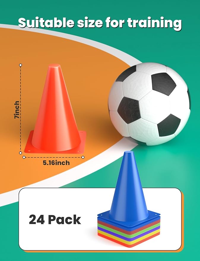 GHB Soccer Cones 7" 9" of 12 24 Pack Disc Soccer Sport Cones Training Field Marker Agility Cones for Basketball, Coaching, Practice Equipment Includes Drills Guide-StrideForce Fitness