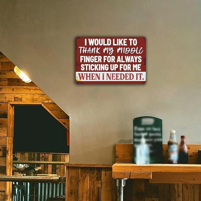 Funny Man Cave Signs Bar Tin Signs For Man Cave Metal Sign Sarcastic Garage Signs Cool Stuff For Men I Would Like To Thank My Middle Finger For Always Sticking Up For Me When I Needed It Sign 12x8 Inch-StrideForce Fitness