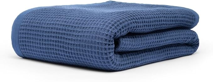 GOTS Certified Organic Cotton Waffle Weave Blanket, King Bed Size,108"X90" Cozy Throw Blanket for Couch, Modern Home Decor, Throw Blankets,Comfy Waffle Blanket Soft Bed Blankets-Navy Blue-StrideForce Fitness