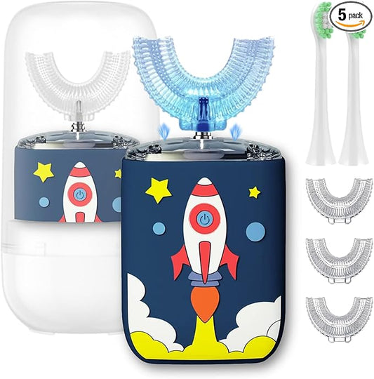 Kids U Shaped Electric Toothbrush Ultrasonic Automatic Brush with 5 Brush Head Rinse Cup 6 Clean Modes IPX7 Waterproof Whole Mouth Rechargeable Smart Timer Toothbrushes for Children Age 8-14