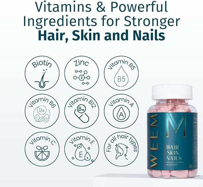 WEEM Hair Skin and Nails Gummies - Supports Healthy Hair - Vegan biotin Vitamins for Women & Men Supports Faster Hair Growth, Stronger Nails, Healthy Skin, Extra Strength (1)-StrideForce Fitness