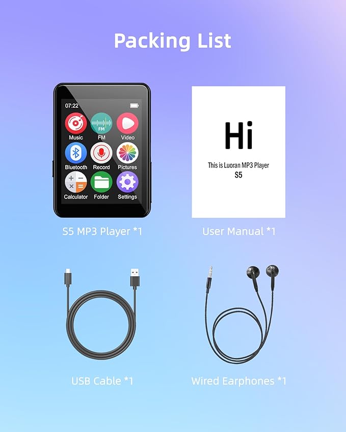 64GB Music Player with Bluetooth 5.3, 2.4" Portable MP3 Player with Speaker, FM Radio, Voice Recorder, E-Book, Full Touch Screen, Supports up to 256GB (Earphones Included)-StrideForce Fitness