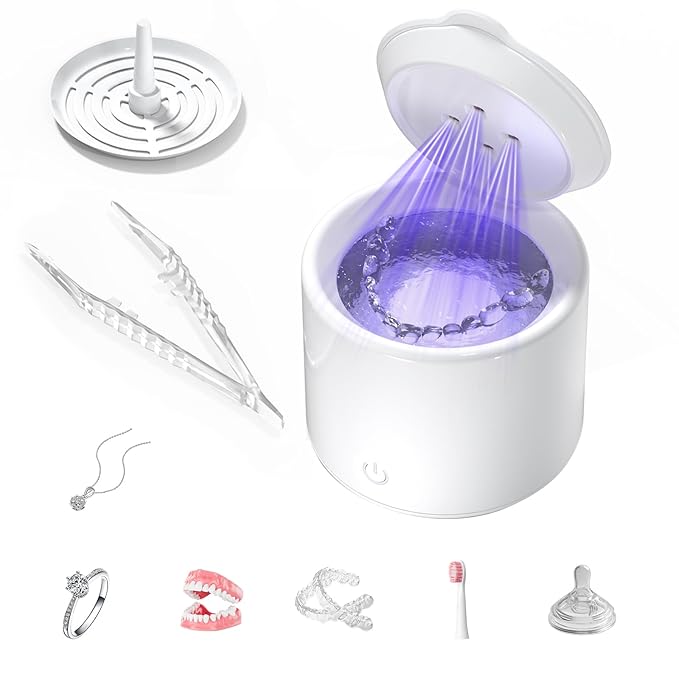Ultrasonic Retainer Cleaner, 48kHz Denture Cleaner, Retainer Cleaning Machine for Denture, Retainer, Aligner, Jewelry, Mouth Guard, Brace, Toothbrush, Pacifier, Razor, 3 Modes Jewelry Cleaner-White