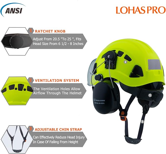 LOHASPRO Arborist Forestry Helmet Safety Hard Hat with Visor and Ear Muffs for Tree Service Logging Cutting Wood Chainsaw Helmet Garden Work Trimming Mowing(P91 Lime+Clear Visor+Earmuff)-StrideForce Fitness
