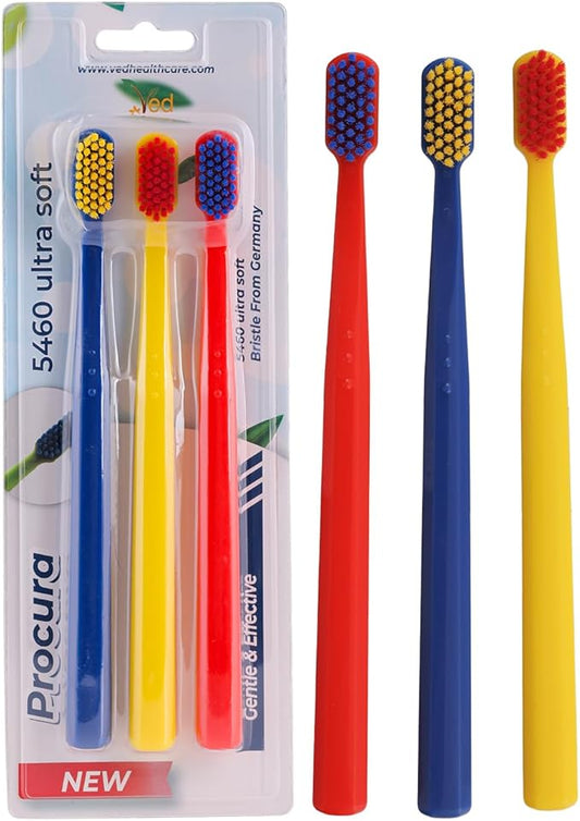 Ved ProCura Ultra Soft Toothbrush – Gentle Manual Toothbrush for Adults with 5,460 Super Soft Bristles for Sensitive Teeth and Gums, (Dark Blue+RED+Yellow)