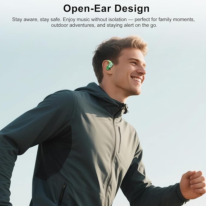 Open Ear Headphones, Bluetooth 5.4 Earbuds, 50H, Air Conduction Ear Buds, HD Stereo Bass Over Ear Earphones with Earhooks, Ultra-Comfort Secure Fit, IPX7 Waterproof Headset for Working Sports, Green-StrideForce Fitness