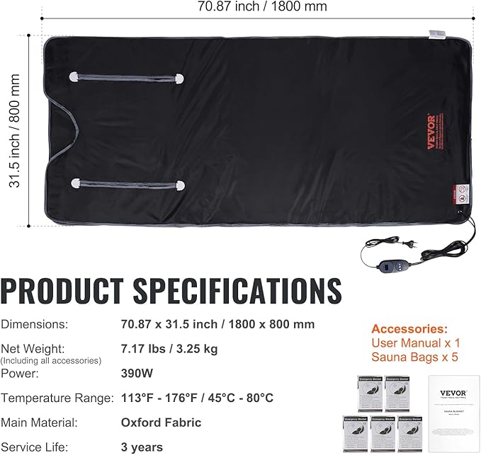 VEVOR Sauna Blanket, Portable Far Infrared Sauna for Home, Oxford Sauna Bag w/Arm Holes & Carbon Fiber Heating, 1-6 Level Adjustable Temp 95-176℉, 5-60 Minutes Timer, 71 x 31 in-StrideForce Fitness