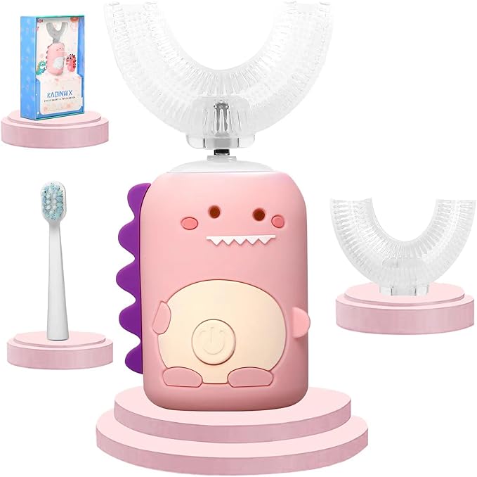 Kids U Shaped Electric Toothbrush for Age 2-12, Rechargeable Toddler Toothbrush with Smart Timer & 3 Clean Modes, Dinosaur Design, IPX7 Waterproof, 3 Brush Heads & 360°Cleaning