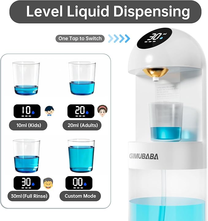 Upgraded Automatic Mouthwash Dispenser with 4 Dispensing Levels for Bathroom-GIMUBABA Smart Mouth Wash Dispenser Sets with 20.3 FL Oz Container,2 Cups & Wall Mount Accessories for Kids & Family,White