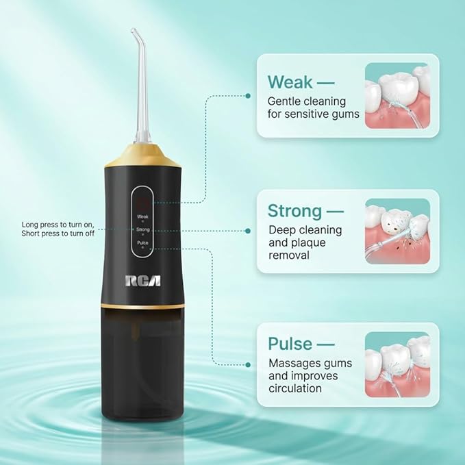 RCA Portable Water Flosser for Teeth & Gums – Cordless Rechargeable Oral Irrigator with 3 Pressure Levels, 4 Jet Tips & USB Tank – Travel Water Flosser for Teeth Cleaning (Black)