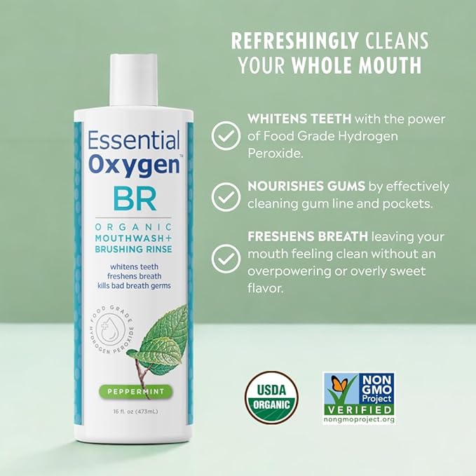 Essential Oxygen Certified BR Organic Brushing Rinse, All Natural Mouthwash for Whiter Teeth, Fresher Breath, and Happier Gums, Alcohol-Free Oral Care, Peppermint, 16 Ounce, Package may vary
