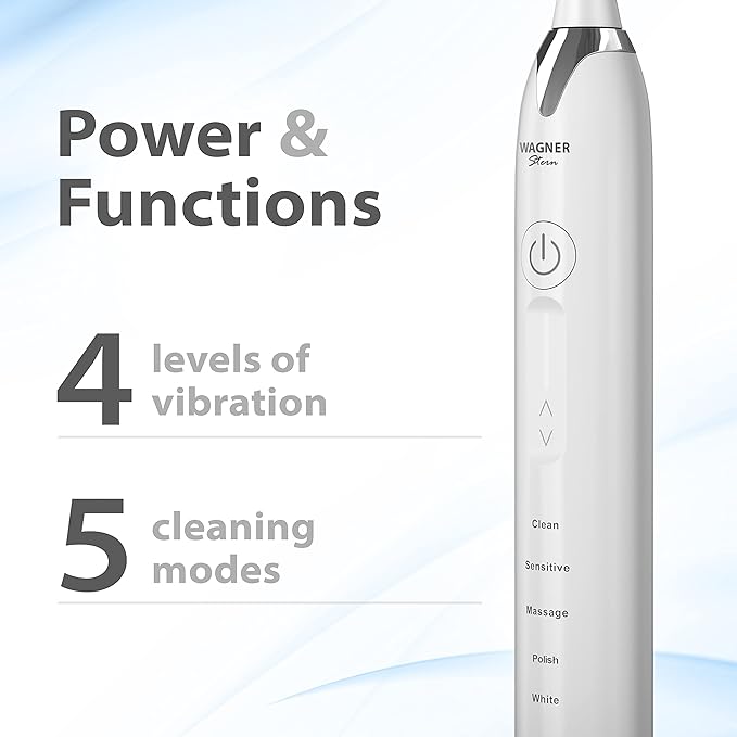 Wagner Stern Ultrasonic whitening Toothbrush with Pressure Sensor. 5 Brushing Modes and 4 Levels of Intensity, 8 Soft bristles, Travel case.