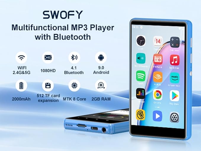 80GB MP3 Player with Bluetooth and WiFi,4-inch Touch Screen MP3 Player with Bluetooth, Spotify, Amazon Music, Audible, Spotify Kids, Pandora, M503Pro Andriod MP4 & MP3 Music Player up to 1TB Blue-StrideForce Fitness