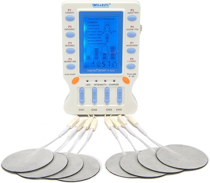 Electronic Muscle Stimulator – TAMTEC SPORT 4 TENS EMS Unit – Microcurrent, Interferential IFC, Russian Stim, ARP Recovery – Pain Relief, Muscle Building & Toning – Portable 4-Ch Electrotherapy Device-StrideForce Fitness