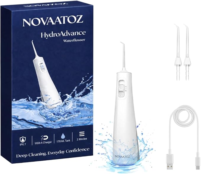 HydroAdvance Cordless Water Flosser for Teeth & Gums | Rechargeable Portable Oral Irrigator for Braces & Travel | Pulse Cleaning with 2 Flossing Tips | Waterproof Dental Care Device (White)