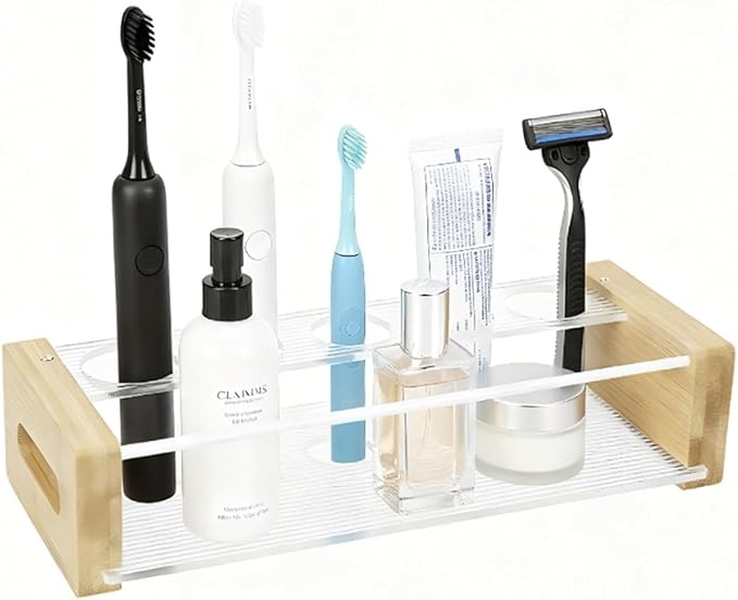 Toothbrush Holder for Bathroom - 5 Slot Organizer with Drainage Holes, Holds Toothpaste, Razor & Mouthwash, Bathroom Vanity Countertop Storage for Bathroom Accessories Organization