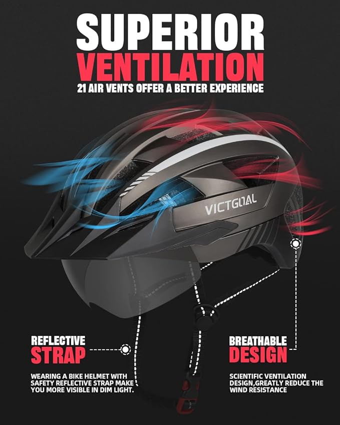 VICTGOAL Bike Helmet for Men Women with Led Light Detachable Magnetic Goggles Removable Sun Visor Mountain & Road Bicycle Helmets Adjustable Size Adult Cycling Helmets-StrideForce Fitness