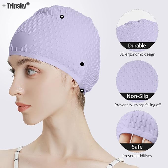 Tripsky Silicone Swim Cap,Comfortable Bathing Cap Ideal for Curly Short Medium Long Hair, Swimming Cap for Women and Men, Shower Caps Keep Hairstyle Unchanged…-StrideForce Fitness