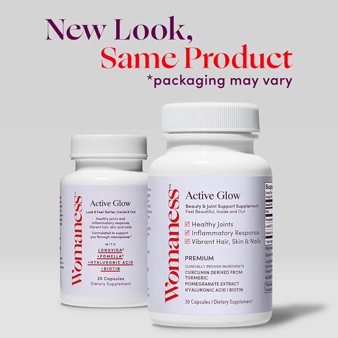 Womaness Active Glow Hair Skin and Nails Vitamins - Biotin, Longvida Curcumin & Hyaluronic Acid Supplements for Joint Health, Dry Skin & Thinning Hair (30 Capsules)-StrideForce Fitness