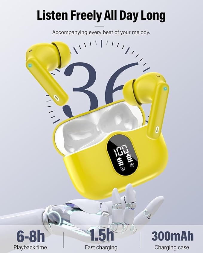 Wireless Earbuds, Bluetooth 5.4 Headphones Bass Stereo, Ear Buds with Noise Cancelling Mic, IP7 Waterproof in Ear Earphones, 36H LED Display Bluetooth Earbuds for Laptop Pad Phones Sports, Yellow-StrideForce Fitness