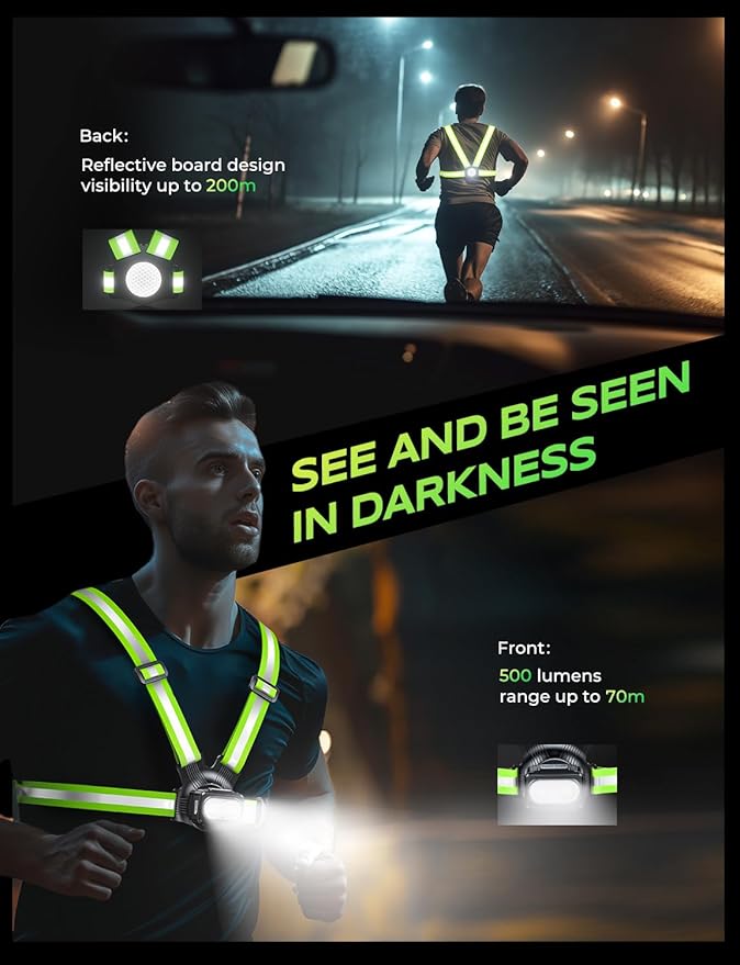 500LM High-Visibility Running Lights for Runners with 7 Modes, Adjustable 45° Beam, 360° Reflective Vest & IPX4 Waterproof Running Vest for Night Walking/Cycling/Jogging, 3.5-20Hrs Runtime-StrideForce Fitness