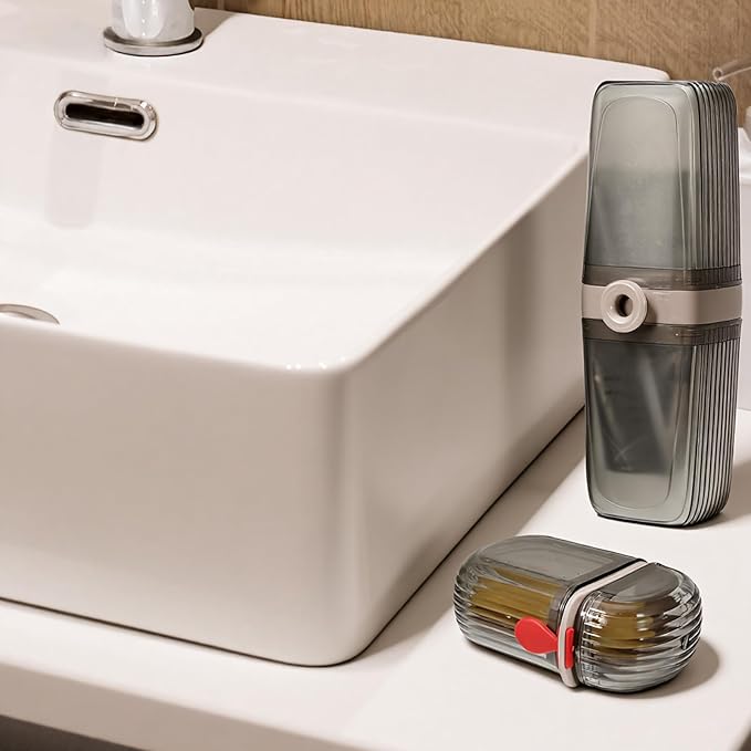 2Pcs Travel Toothbrush Case and Travel Soap Holder Dish Tray, Portable Toothbrush Holders with Cover Leakproof Bar Soap Container Dish Tray for Traveling, Bathroom, Camping, Business Trip Grey