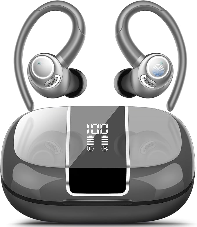 Wireless Earbuds Bluetooth 5.3 Headphones Sports, 48Hrs Playtime Bluetooth Earbuds with CVC 8.0 Mic, Stereo Bass Over Ear Bud with Earhooks, LED Display, IP7 Waterproof Earphon for Running Gray-StrideForce Fitness