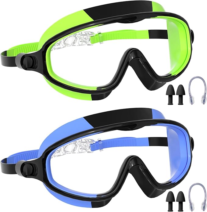Swim Goggles for Kids 3-15 with Earplugs Large Frame Anti-Fog/UV Swimming Goggles for Boys Girls Toddler 2PCS-StrideForce Fitness