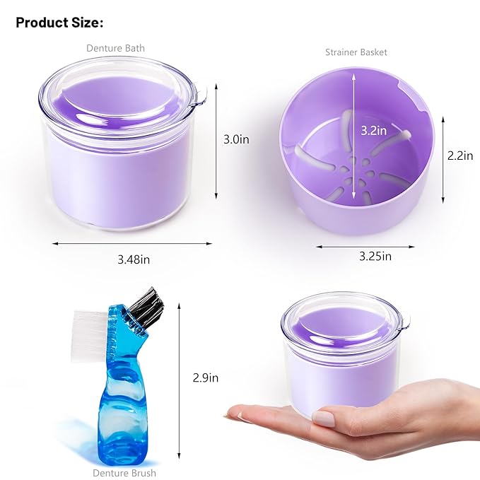 Denture Case, Leak Proof Denture Bath Cup, Full & Partial Denture Clean Holder Box with Strainer, Denture Brush, Denture Soaking Container Cups for Dentures, Retainers, Mouth Guard Case (Purple)