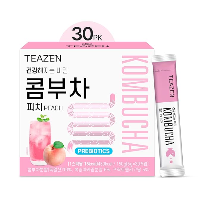 TEAZEN Peach Kombucha Tea, Hydration Drink Mix, Sugar Free, Live Probiotics & Prebiotics, 30 Sticks, 5.29oz-StrideForce Fitness