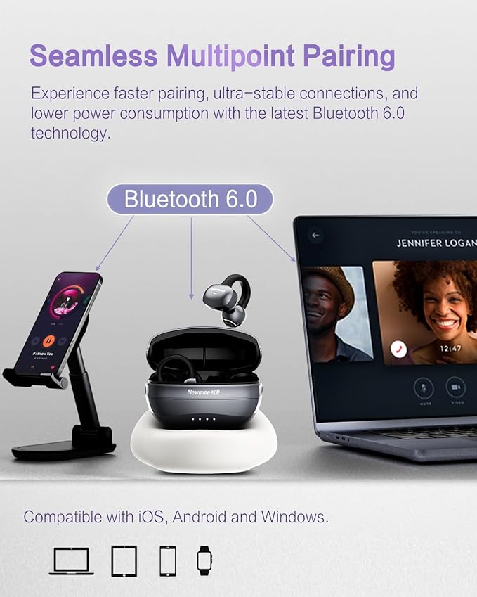 A50 Clip on Earbuds, Bluetooth 6.0 Wireless Open Ear Headphones w/5.3g Weightless Comfort,48H Playtime,3D Soundstage,Clear Call Mics,IPX5,Multipoint Connection,Fit for Workout Rose Glod-StrideForce Fitness