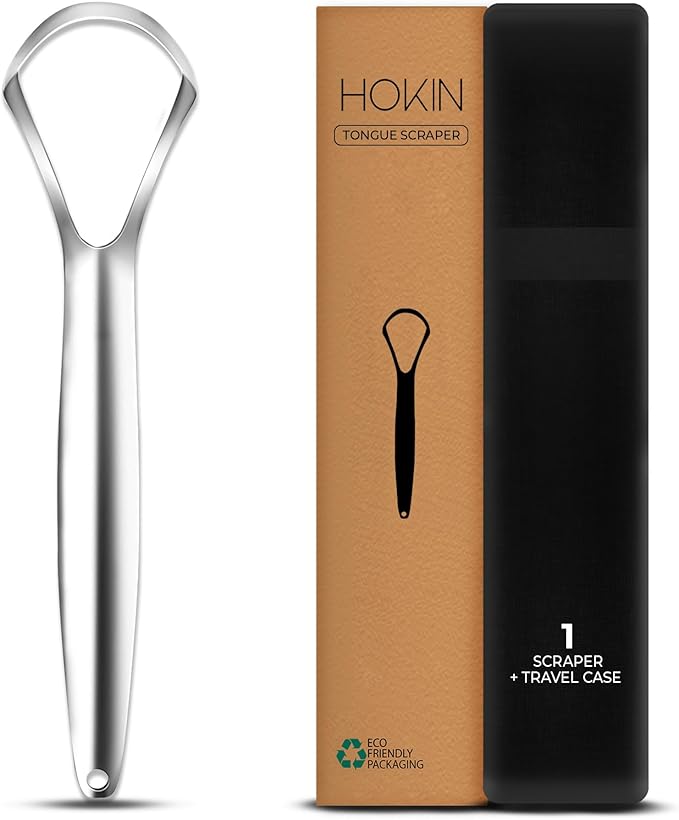 HOKIN Tongue Scraper for Adults with Travel Case (1Pcs Oral Care Pack) - 100% Metal Spoon Shaped Tongue Cleaner, Tough Scraper for Oral Hygiene