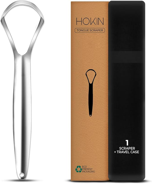 HOKIN Tongue Scraper for Adults with Travel Case (1Pcs Oral Care Pack) - 100% Metal Spoon Shaped Tongue Cleaner, Tough Scraper for Oral Hygiene