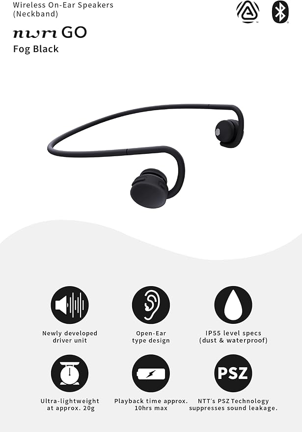nwm GO Wireless On-Ear Speakers (Open Ear Earphones) Sound Leakage suppressed (PSZ Technology - Bone Conduction Alternative) Designed in Japan | Fog Black-StrideForce Fitness
