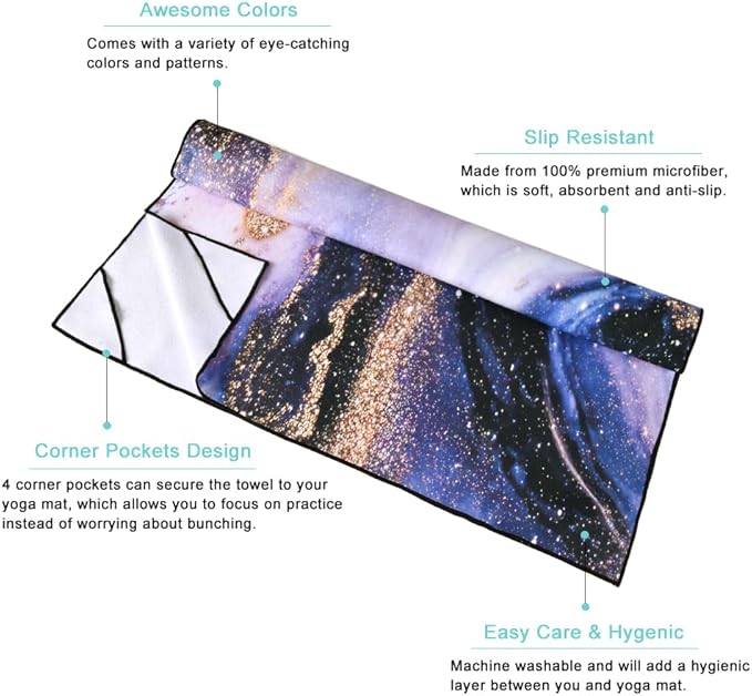 QiyI Yoga Mat Towel with Corner Pockets, Non Slip Sweat Absorbent Hot Yoga Towels, Soft Yoga Blankets with Travel Bag, Skidless Mat Cover for Workout, Gym, Fitness - 70"x26", Purple & Pink Grain-StrideForce Fitness