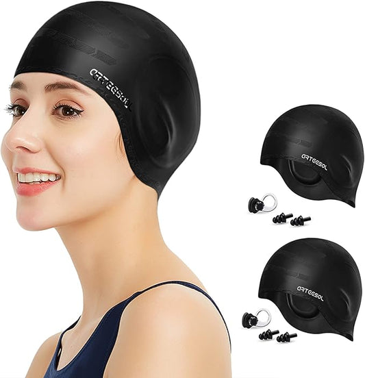 Swimming Cap, Silicone Swim Cap for Women Men, Durable Non-Slip Waterproof Swim Cap Protect Ears, Long Hair for Adults, Older Kids-StrideForce Fitness